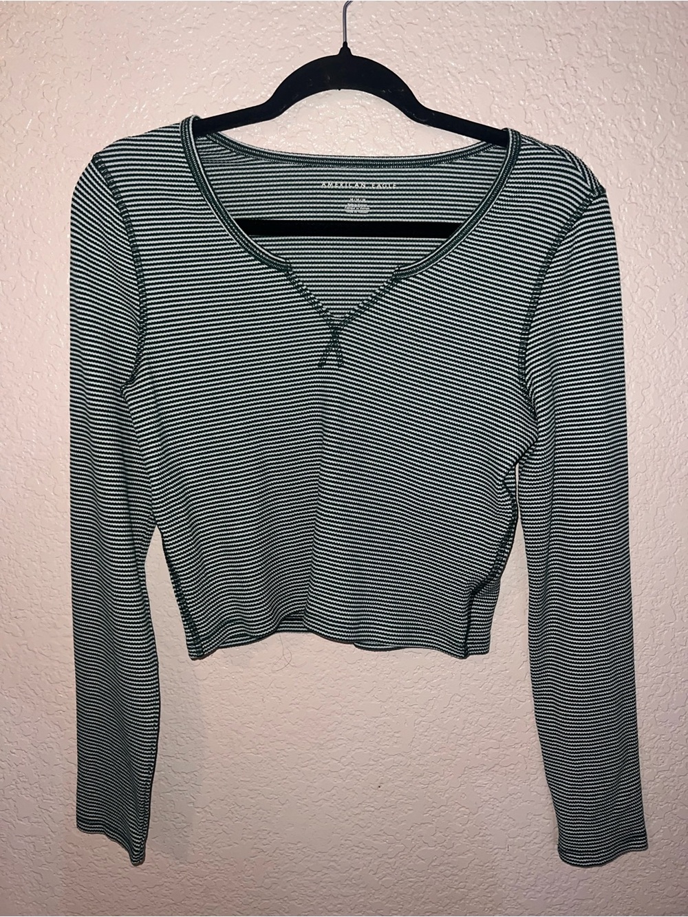American Eagle Outfitters Green & White Striped Long-Sleeve Cropped Top